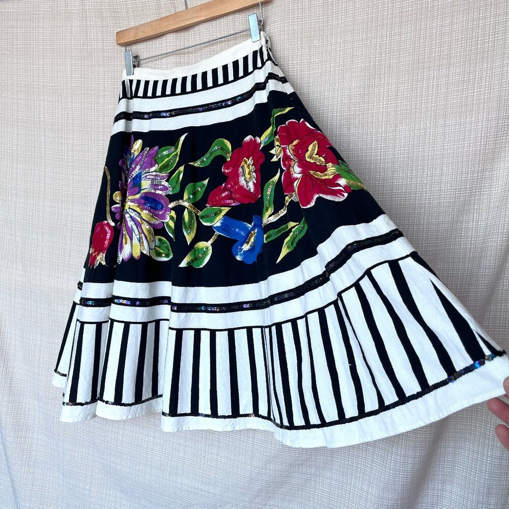 NWT Floral Sequins Skirt Black White Stripe Festive Playful Whimsy Goth Lydia - Picture 5 of 15